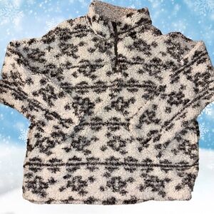 Dylan 1/4 Zip Monochrome Aztec Tribal Faux Fur Sherpa Pullover with Pockets XL